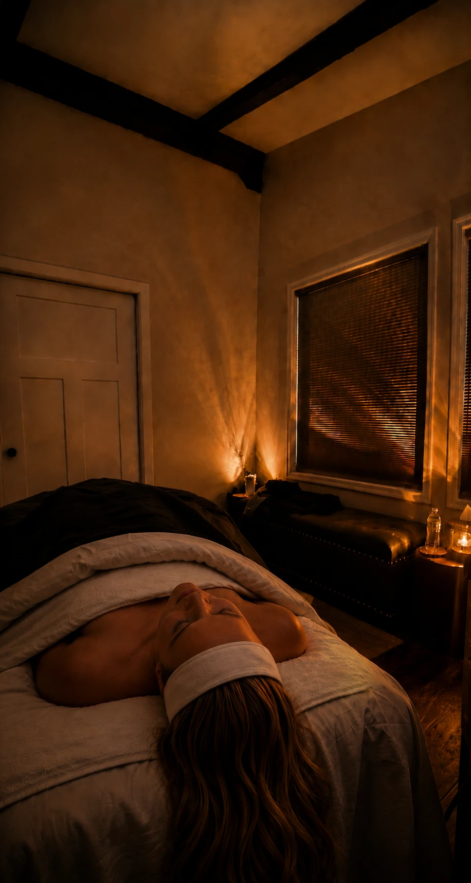 A guest resting under a warm blanket in a softly lit treatment room