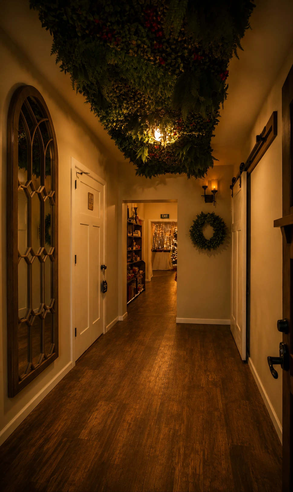 The hallway, with a ceiling of greenery and a glowing lantern