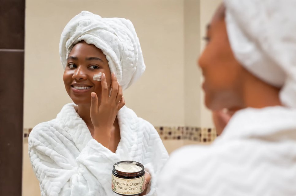 A woman in a white robe and towel smoothing Rapunzel's Organics Barrier Cream onto her cheek at a mirror