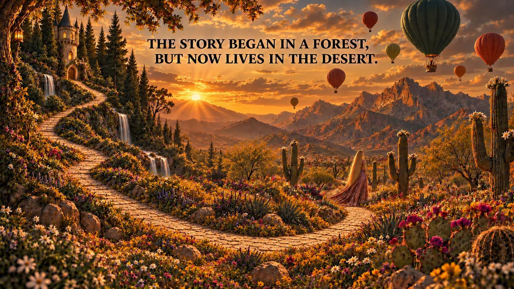Artwork: a stone path winding from a tower in a green forest down into the Sonoran Desert at sunset, a long-haired figure walking it among saguaros and wildflowers, hot air balloons above the mountains, and the words The story began in a forest, but now lives in the desert